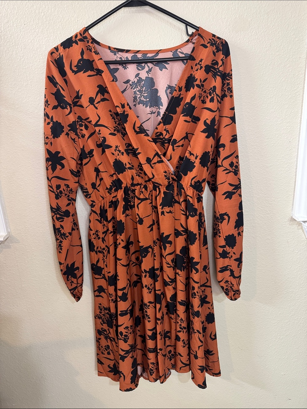 Rust Black Floral Long-Sleeve Wrap Dress